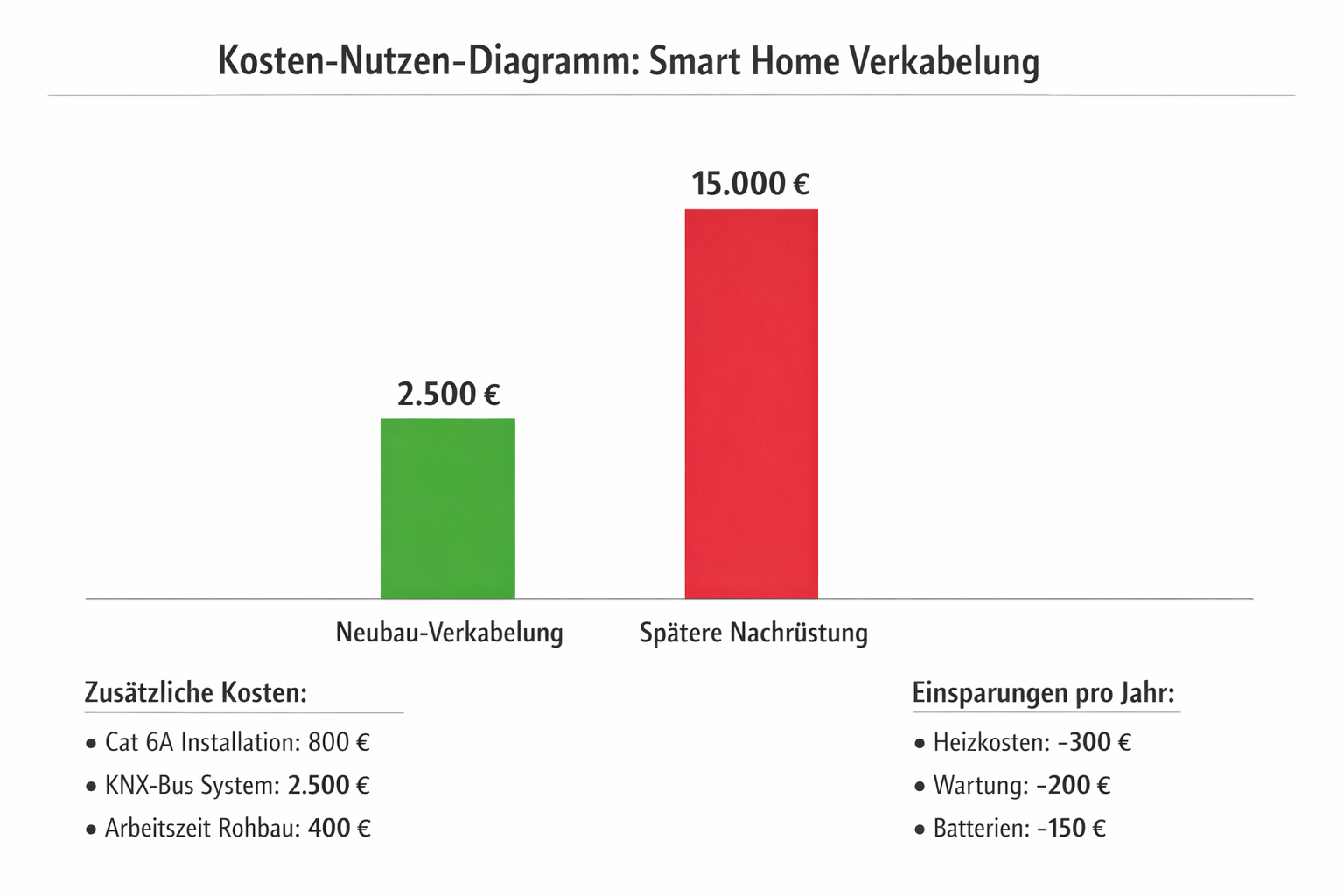 Kostenvergleich Smart Home Verkabelung Neubau vs Nachrüstung - Einsparungspotential Diagramm