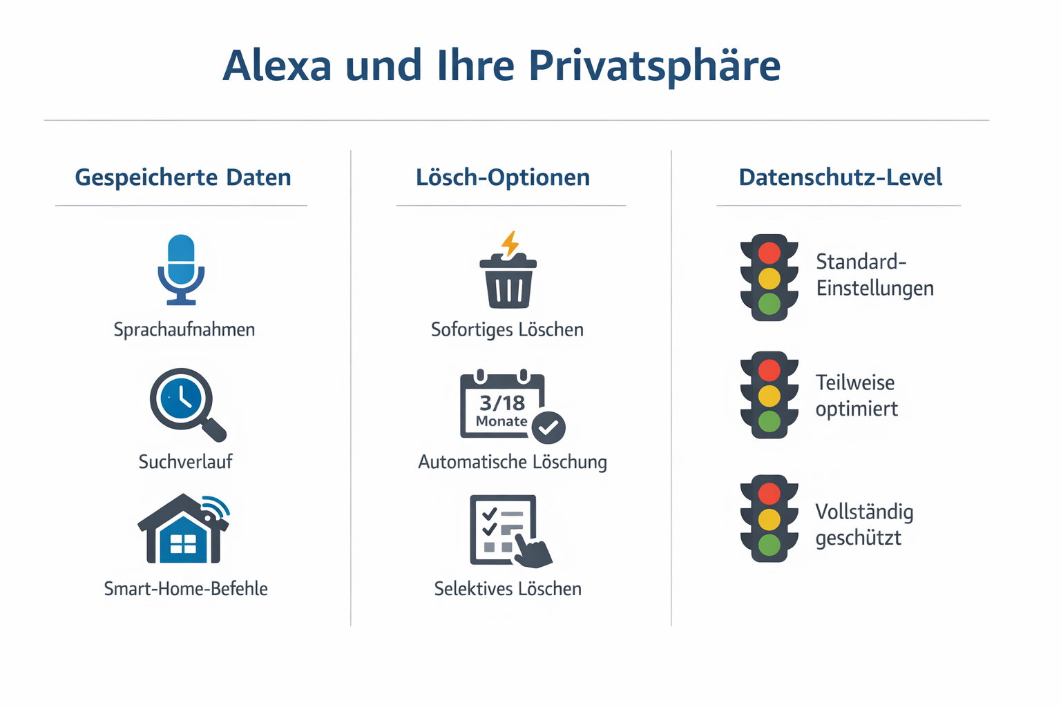 Alexa Datenschutz Infografik mit Lösch-Optionen und Privatsphäre-Einstellungen Übersicht