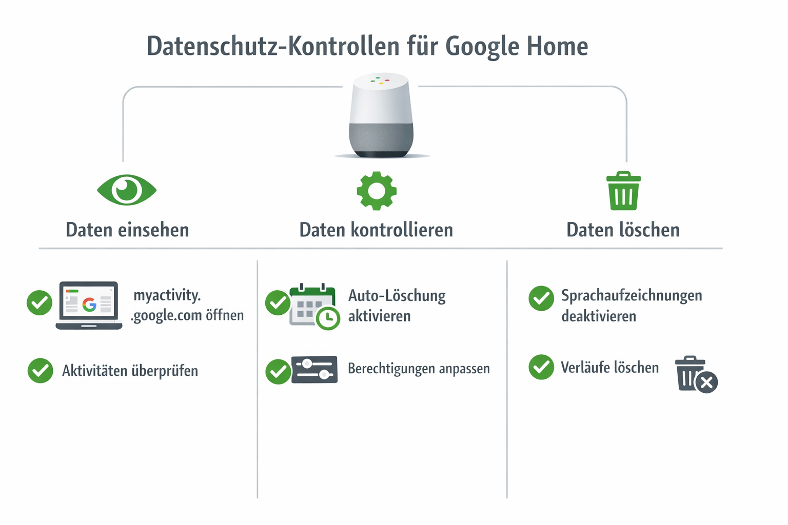 Google Home Datenschutz Kontrollen Infografik - Daten einsehen, kontrollieren und löschen