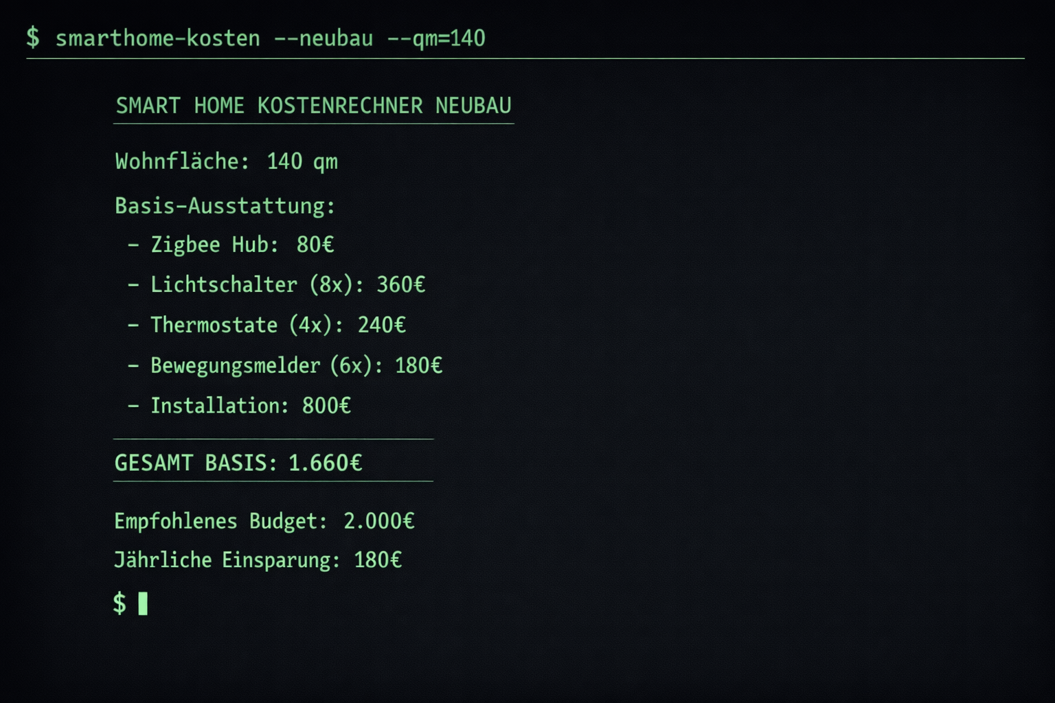 Terminal Kostenberechnung Smart Home Neubau mit Aufschlüsselung der Komponenten und Gesamtkosten