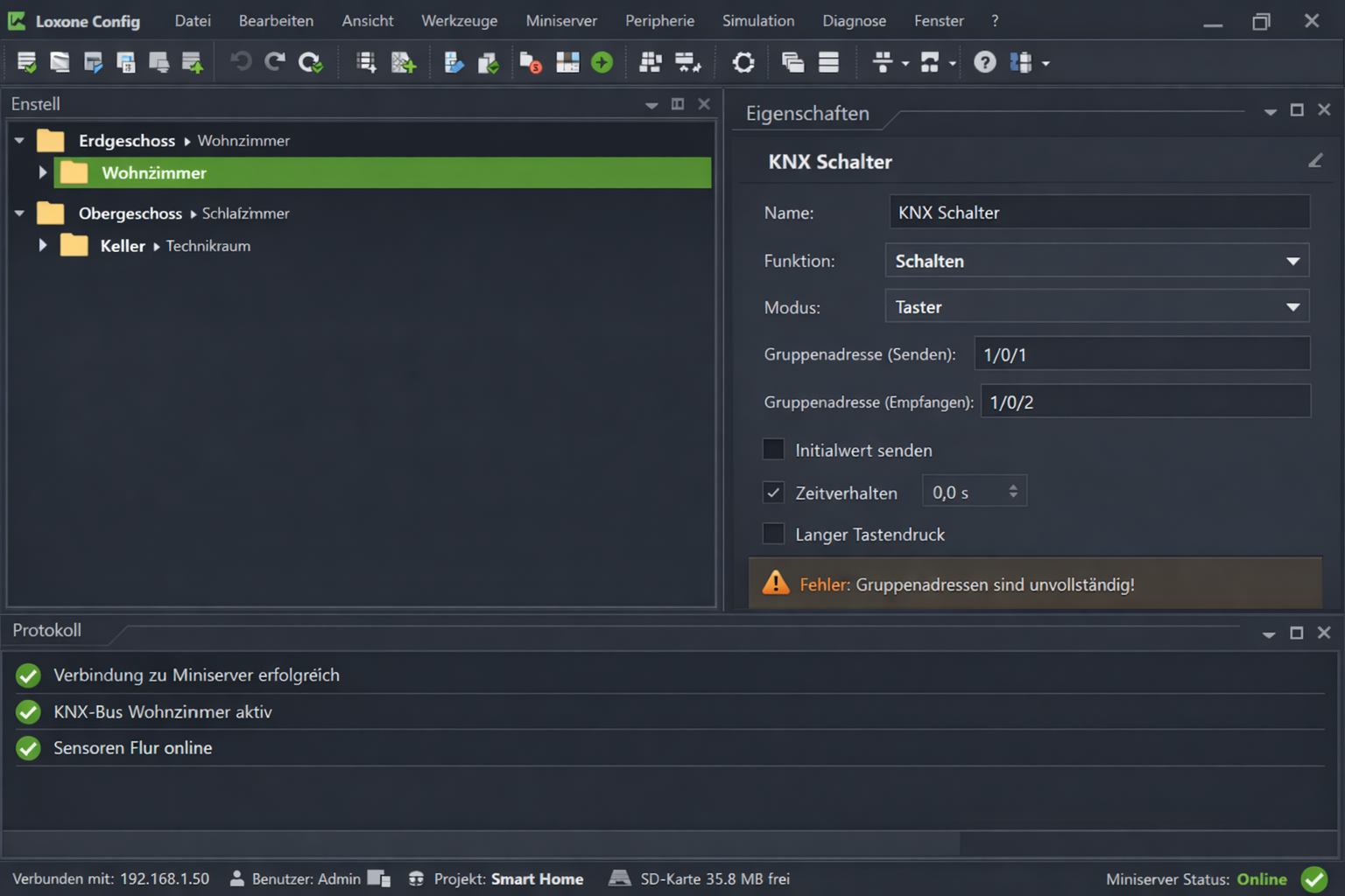 Loxone Config Software Screenshot zur Smart Home Konfiguration im Neubau