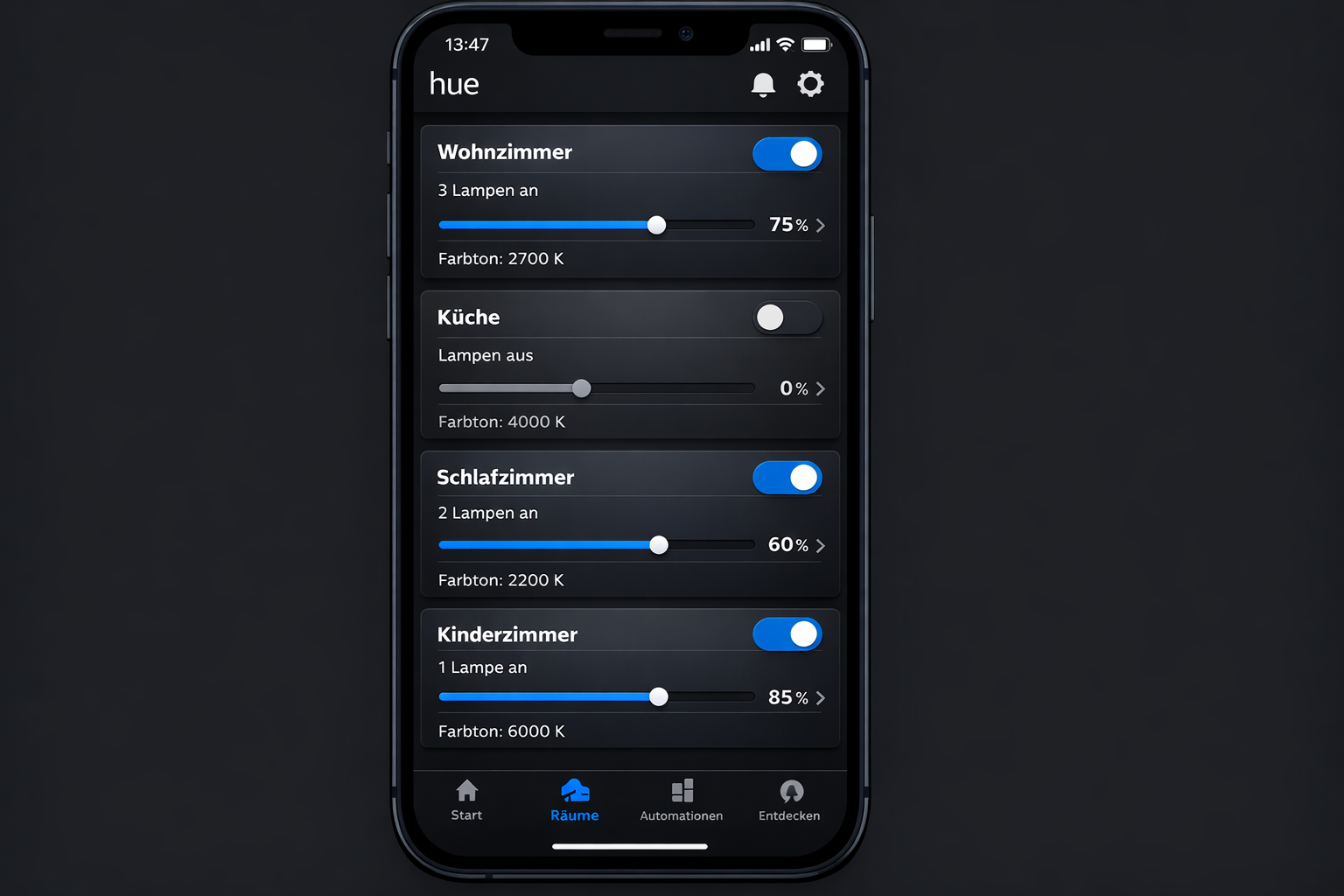Smart Home App Screenshot mit Raumsteuerung für 4-Zimmer-Wohnung