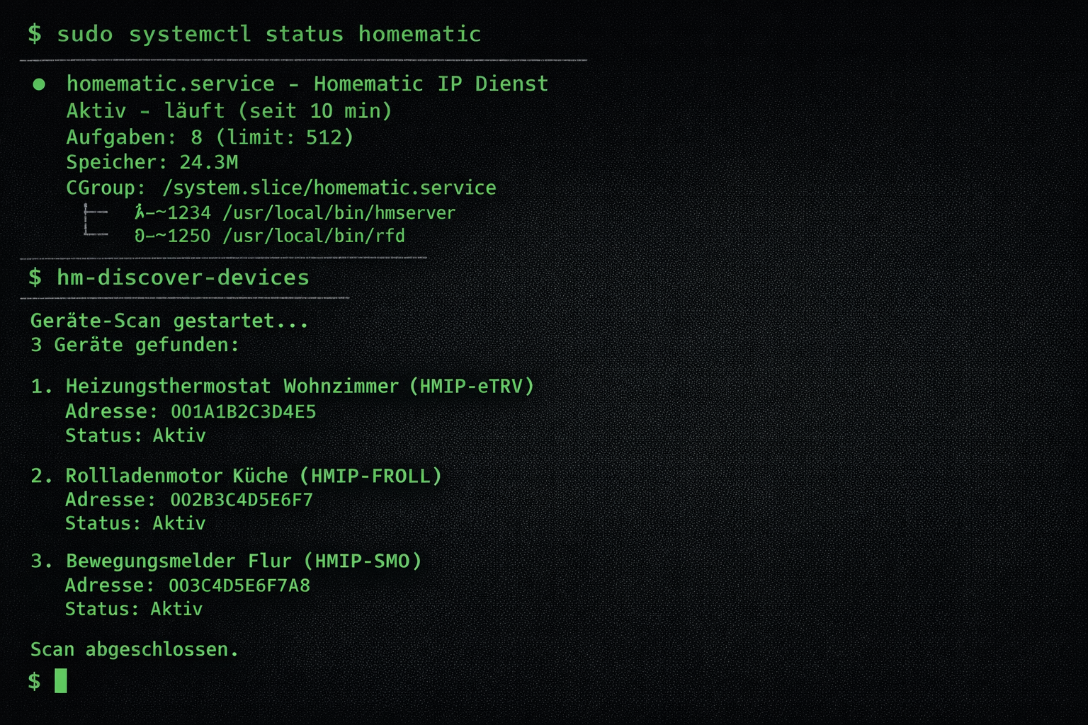 Terminal-Screenshot Homematic IP Geräte-Konfiguration für Smart Home Neubau