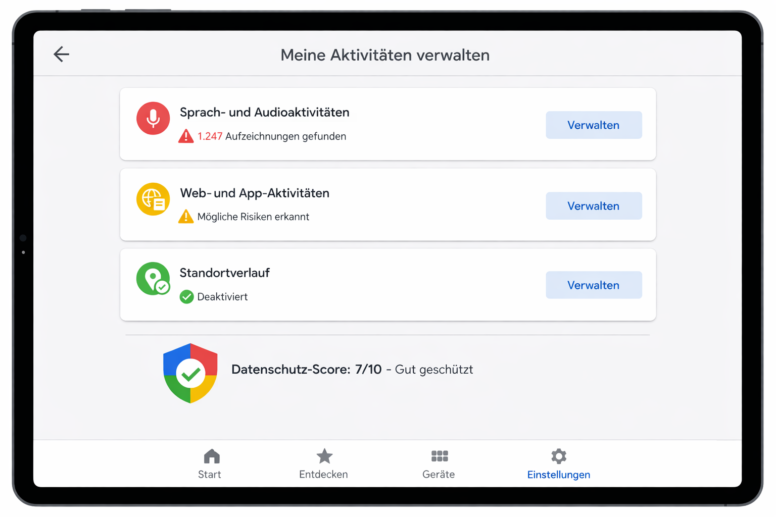 Google Home App Datenschutz-Dashboard zeigt Aktivitäten-Verwaltung und Datenschutz-Score für Smart Home Geräte