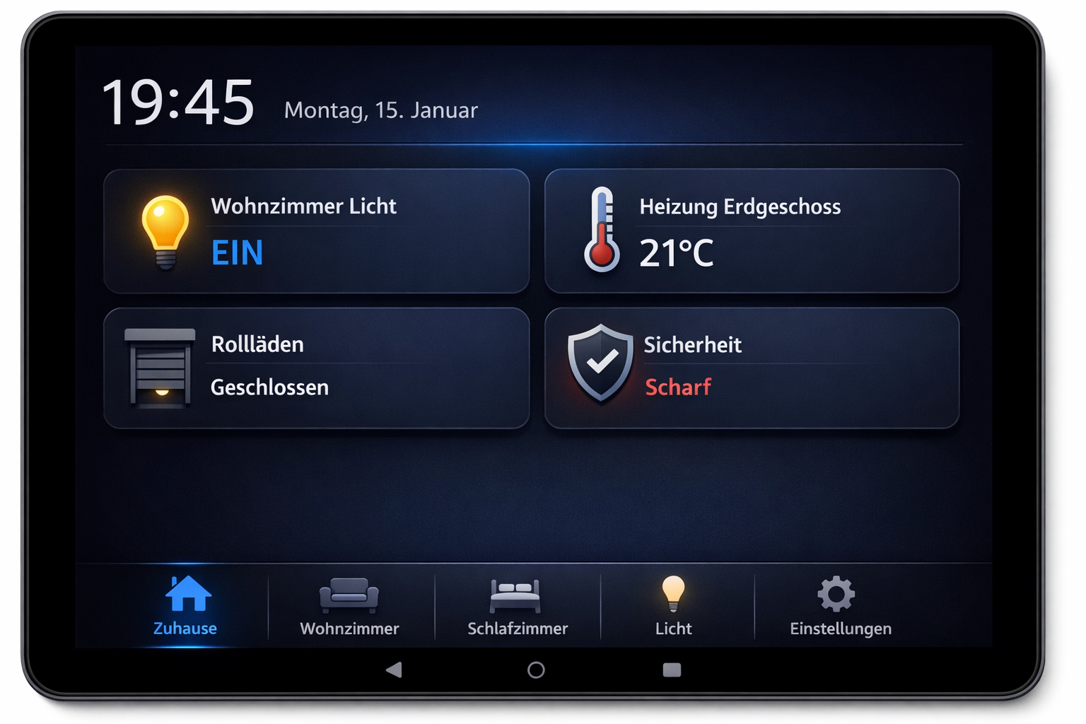 Home Assistant Smart Home Dashboard mit deutscher Benutzeroberfläche auf Tablet