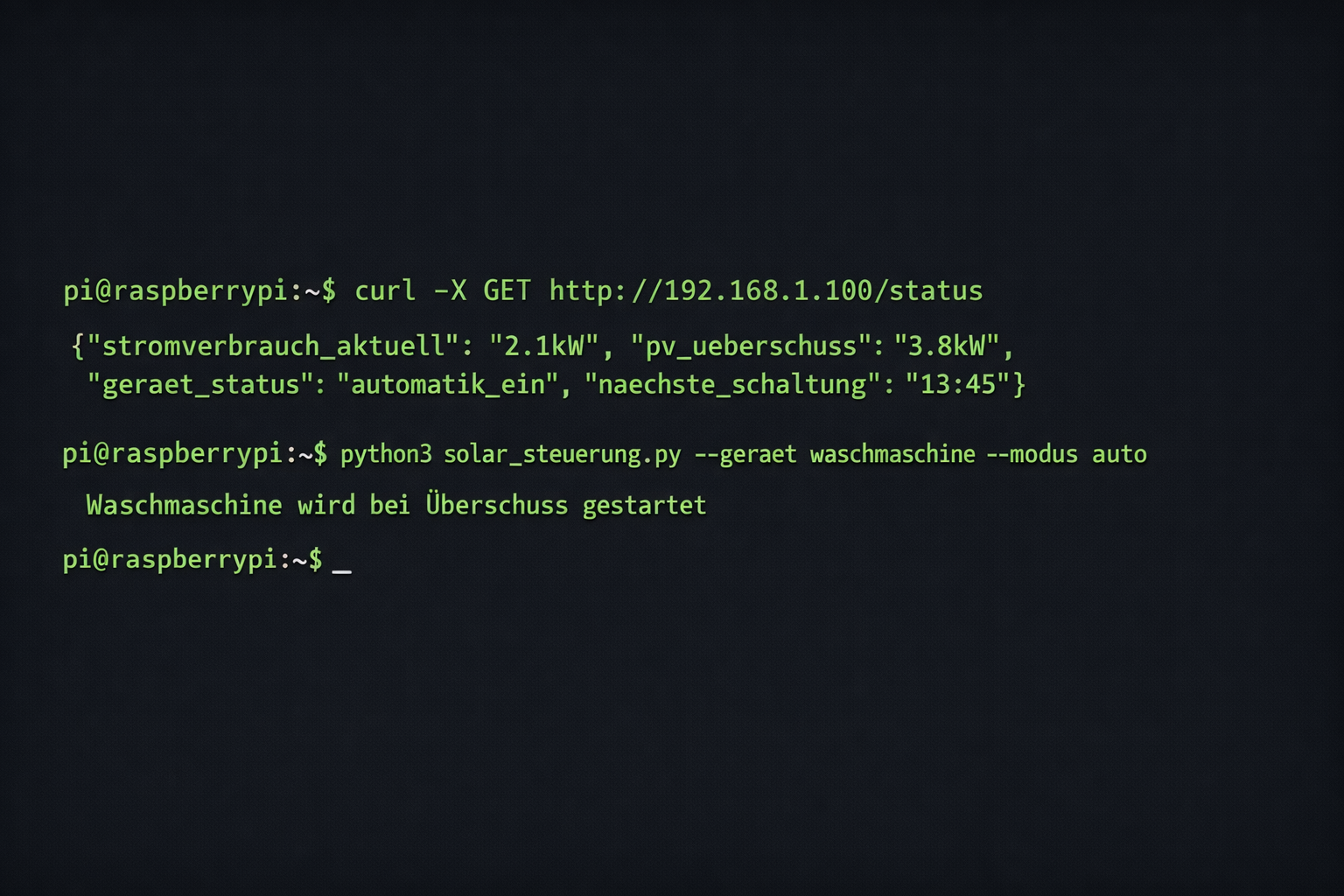 Terminal-Screenshot Shelly PV-Steuerung Konfiguration mit deutschen Befehlen und Status