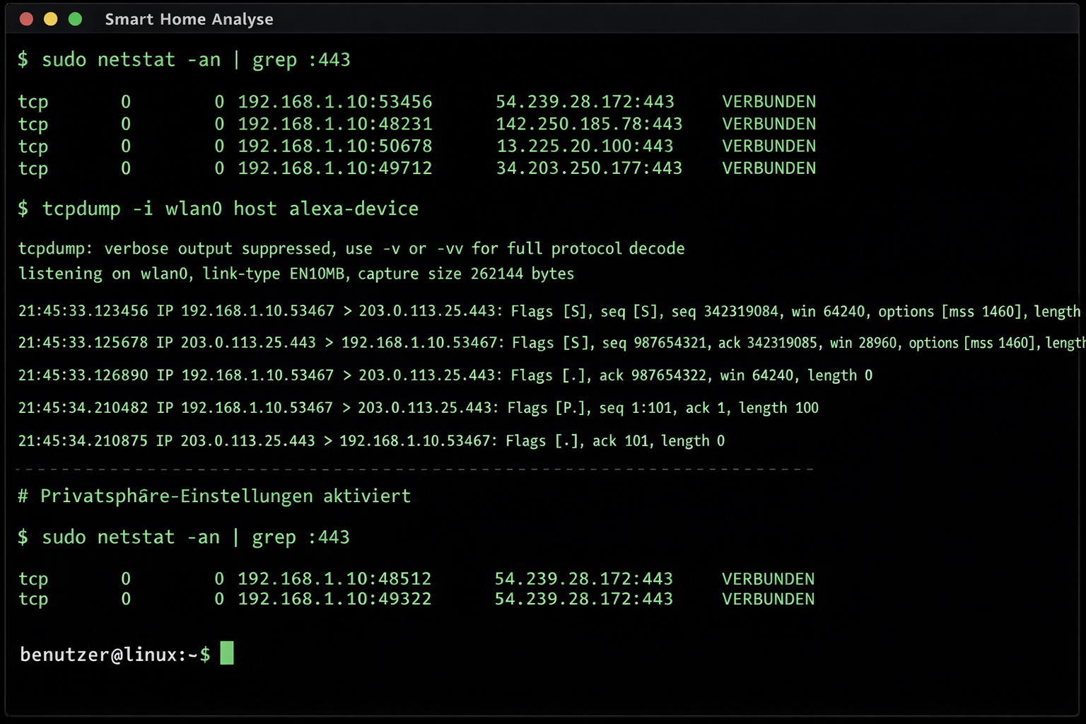 Terminal-Screenshot Netzwerkanalyse Smart Home Datenverkehr vor und nach Privatsphäre-Konfiguration