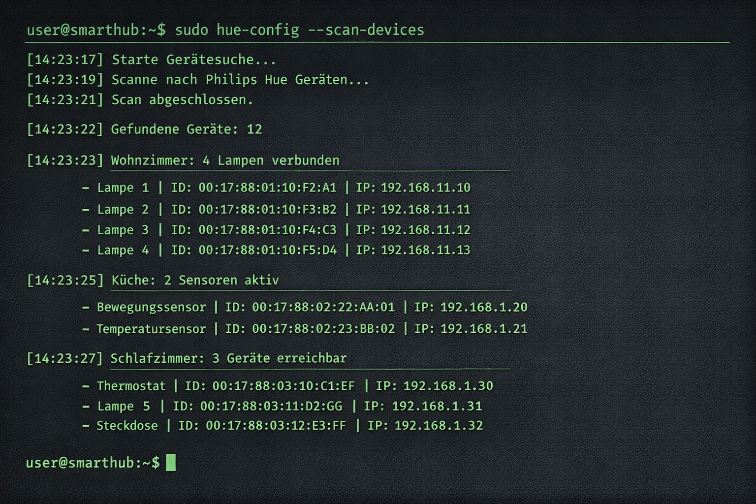 Terminal Screenshot Smart Home Hub Konfiguration mit deutschen Befehlen und Geräte-Scan