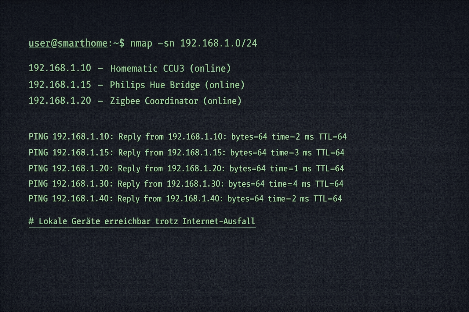 Terminal Screenshot zeigt Netzwerk-Scan von offline Smart Home Geräten ohne Internet