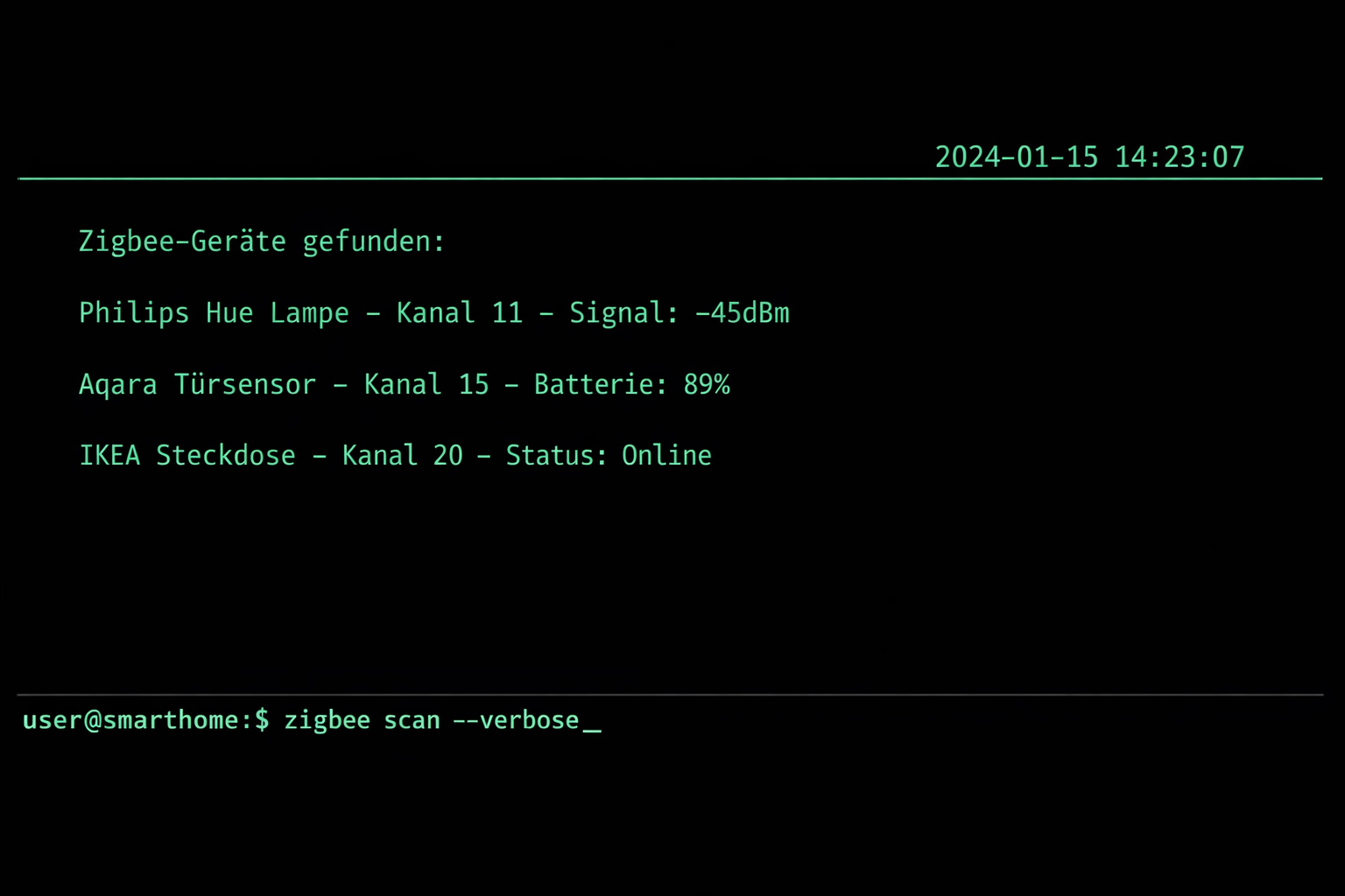 Zigbee Netzwerk-Scan Terminal Screenshot mit deutschen Geräte-Informationen