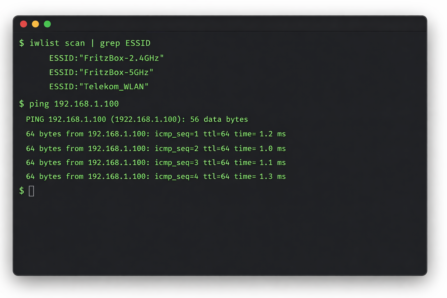 Terminal-Screenshot WLAN-Netzwerk-Scan für Smart Home Geräte-Verbindung