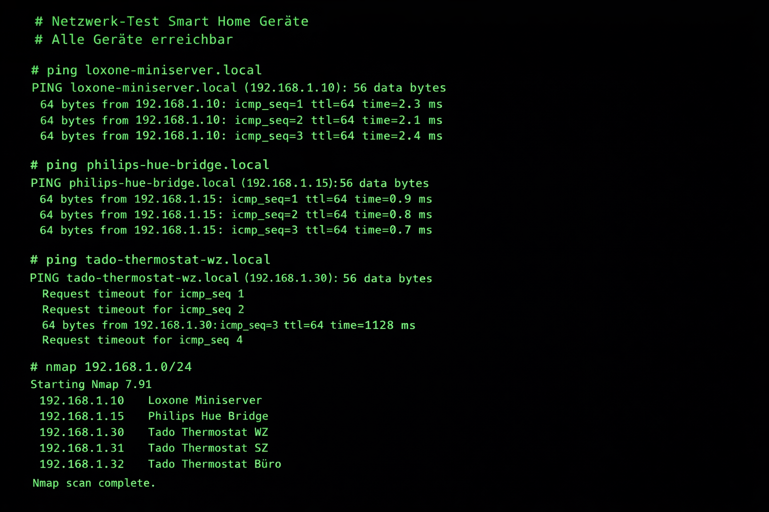 Terminal Screenshot Netzwerk-Test Smart Home Geräte im Neubau