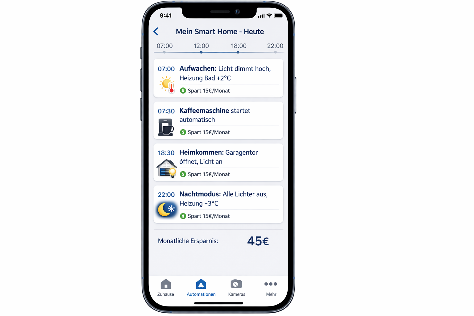 Smart Home App Screenshot mit Tagesablauf-Automatisierung und Kosteneinsparungen für Neubau