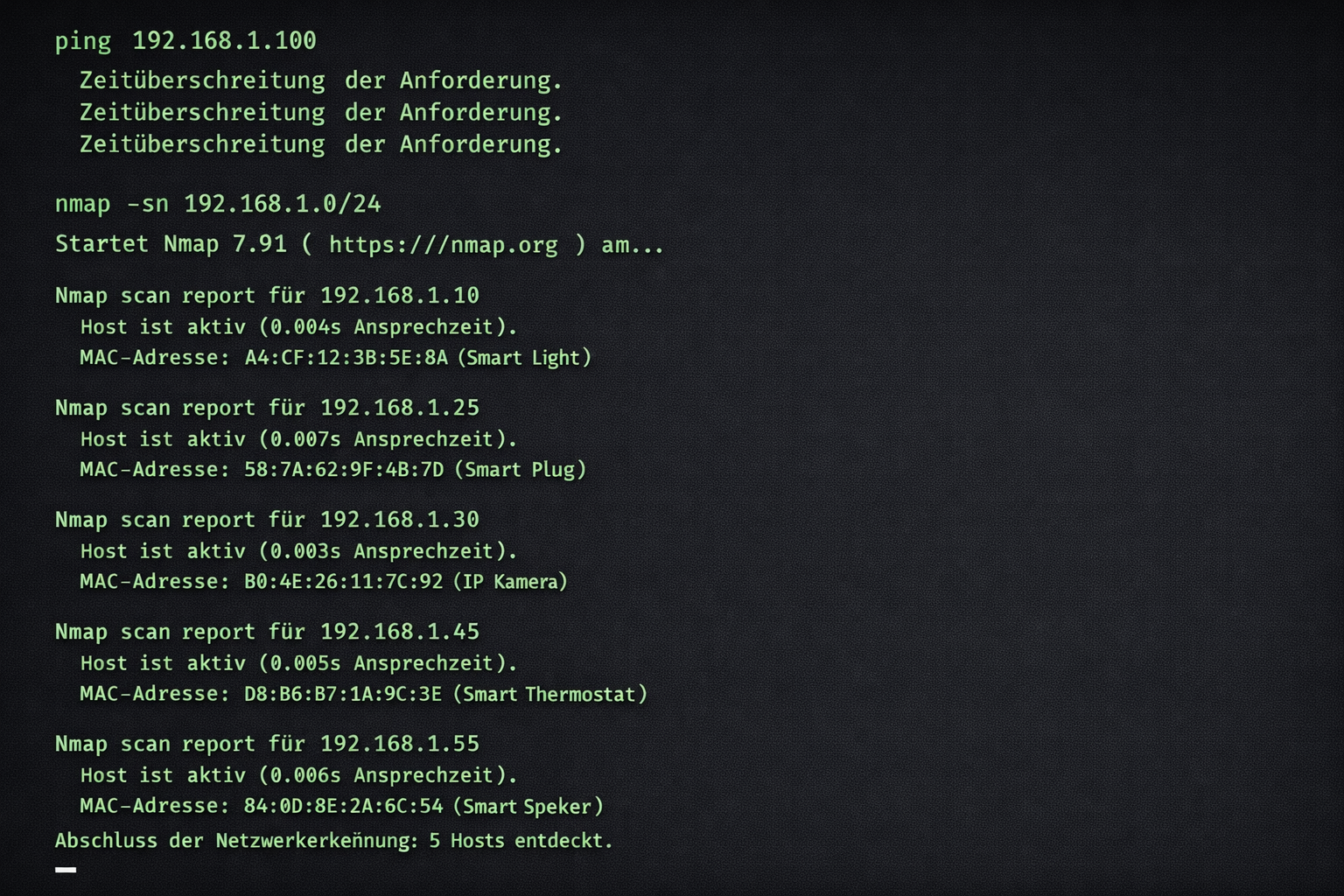 Terminal Screenshot mit Netzwerk-Scan Befehlen zur Smart Home Geräte-Diagnose