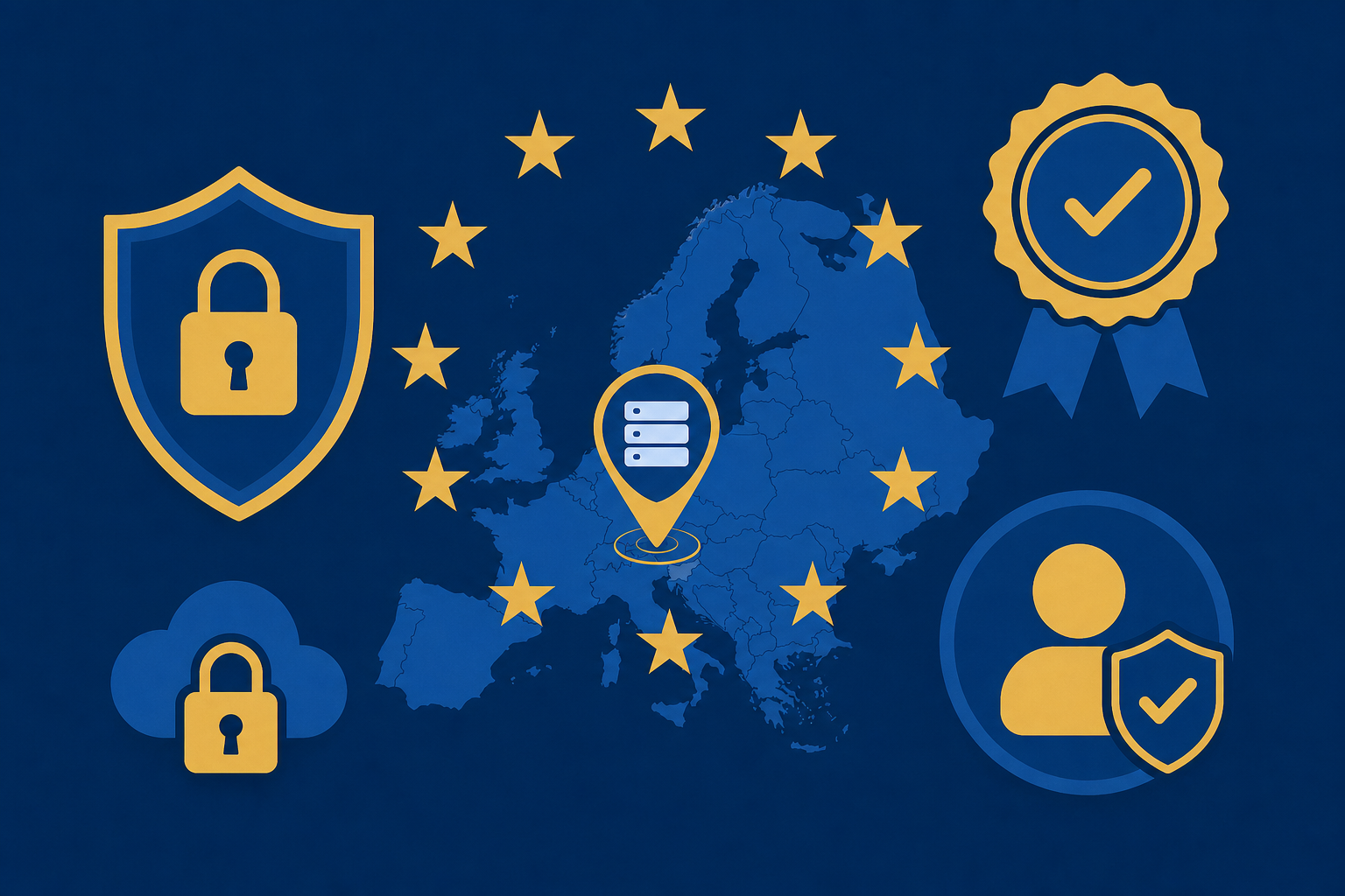 Darstellung von DSGVO, ISO-27001-Siegel und EU-Datenstandort