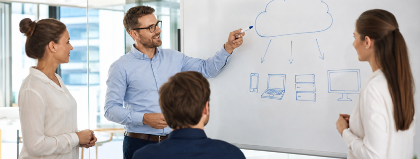 Mittelständisches Team plant die Cloud-Migration an einem Whiteboard