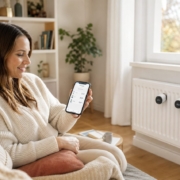 Homematic IP Heizkörperthermostat nachrüsten: Anleitung für Mieter Homematic IP Heizkörperthermostat nachrüsten ohne Vermietererlaubnis – Frau im Wohnzimmer bedient die Homematic IP App auf ihrem Smartphone, während Heizkörperthermostate an den Heizkörpern montiert sind