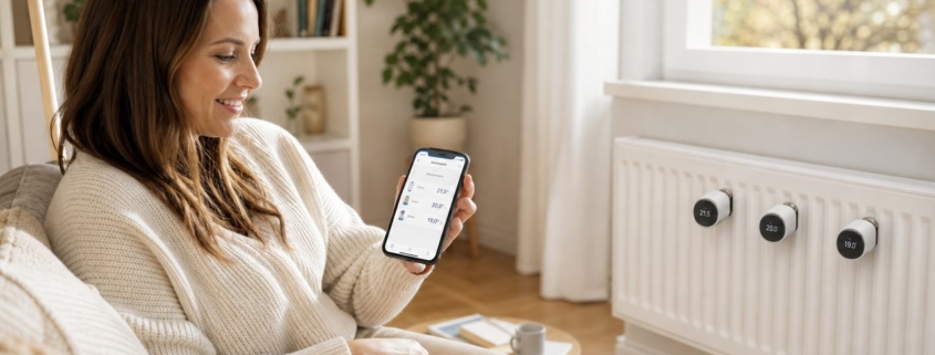 Homematic IP Heizkörperthermostat nachrüsten ohne Vermietererlaubnis – Frau im Wohnzimmer bedient die Homematic IP App auf ihrem Smartphone, während Heizkörperthermostate an den Heizkörpern montiert sind