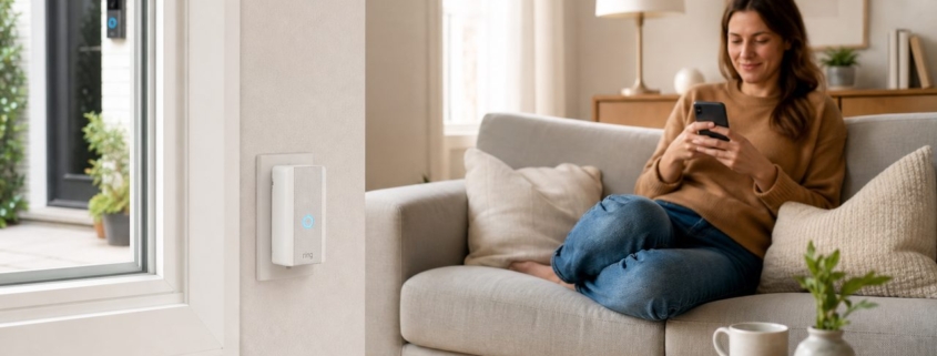 Ring Chime: Klingel im Haus hören ohne Klingeldraht – Ring Chime 2. Generation in einer Wandsteckdose im Wohnzimmer neben einem Fenster, Frau mit Smartphone auf dem Sofa, Haustür mit Ring Doorbell sichtbar
