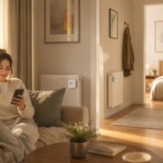 Heizung per App steuern: So geht's mit Homematic Heizung per App steuern: So geht's mit Homematic – Person sitzt auf dem Sofa und steuert die Heizung per Smartphone-App, drei Homematic IP Thermostate sind an den Heizkörpern montiert