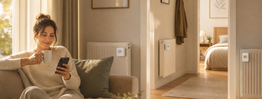 Heizung per App steuern: So geht's mit Homematic – Person sitzt auf dem Sofa und steuert die Heizung per Smartphone-App, drei Homematic IP Thermostate sind an den Heizkörpern montiert