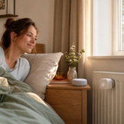 Heizung per Alexa steuern: Thermostat einrichten – Schlafzimmer mit tado° Thermostat am Heizkörper und Amazon Echo Dot auf dem Nachttisch — Heizung per Sprachbefehl steuern