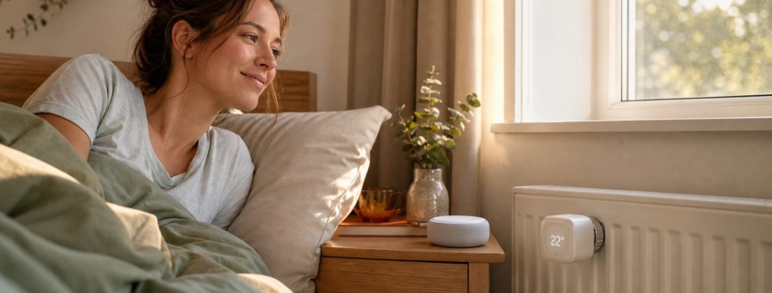 Heizung per Alexa steuern: Thermostat einrichten – Schlafzimmer mit tado° Thermostat am Heizkörper und Amazon Echo Dot auf dem Nachttisch — Heizung per Sprachbefehl steuern