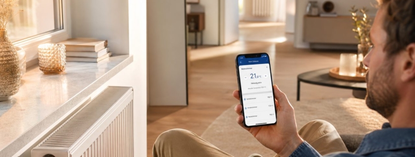 Heizung per App steuern mit Homematic – Homematic IP Heizkörperthermostat am Heizkörper im Wohnzimmer, Person steuert die Heizung per Smartphone-App