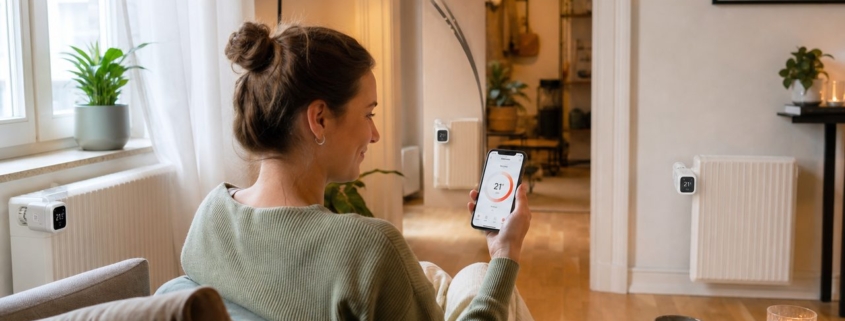 Smart Heizen in der Mietwohnung: Was ist erlaubt? – Person sitzt auf dem Sofa und steuert smarte Heizkörperthermostate per Smartphone-App – drei Thermostate sichtbar im Wohnzimmer einer Mietwohnung