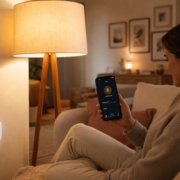 Steckdosen smart machen mit Alexa: So geht's Schritt für Schritt Steckdosen smart machen mit Alexa: Einfach erklärt – Frau auf dem Sofa steuert eine smarte Stehlampe mit der Alexa-App auf ihrem Smartphone – die Lampe ist über eine TP-Link Tapo P115 Steckdose angeschlossen