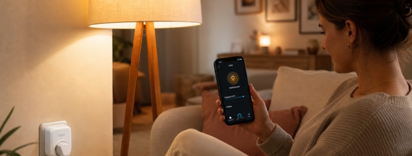 Steckdosen smart machen mit Alexa: Einfach erklärt – Frau auf dem Sofa steuert eine smarte Stehlampe mit der Alexa-App auf ihrem Smartphone – die Lampe ist über eine TP-Link Tapo P115 Steckdose angeschlossen