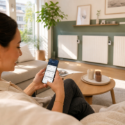 Smart Home Mietwohnung: Erlaubte Installationen ohne Eingriffe in die Bausubstanz – Junge Frau in ihrer Mietwohnung bedient die Homematic IP App auf dem Smartphone, um die smarten Heizkörperthermostate zu steuern