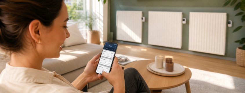 Smart Home Mietwohnung: Erlaubte Installationen ohne Eingriffe in die Bausubstanz – Junge Frau in ihrer Mietwohnung bedient die Homematic IP App auf dem Smartphone, um die smarten Heizkörperthermostate zu steuern