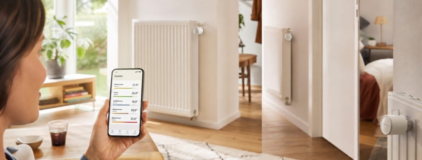 Heizkosten senken: Automatische Zeitpläne einrichten – Frau bedient die Bosch Smart Home App auf ihrem Smartphone, um die Heizung im Wohnzimmer zu steuern – Heizkörper-Thermostate sind an mehreren Heizkörpern montiert