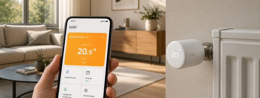 Heizung smart steuern: Thermostat per Handy bedienen – Modernes Wohnzimmer mit tado° Smartes Heizkörperthermostat und Smartphone-App zur Heizungssteuerung.