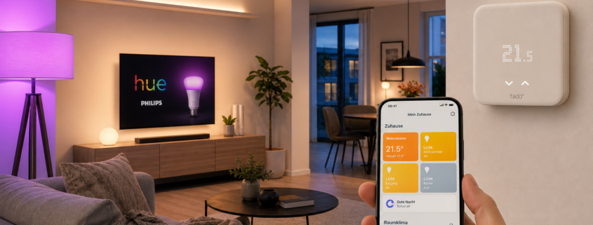 Smart Home in der Mietwohnung: Was Mieter dürfen – Modernes Smart Home in einer Mietwohnung mit kabellosen Geräten wie Philips Hue und tado° Thermostat.