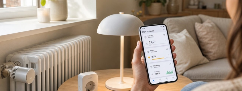 Smart Home Mietwohnung: Was ist erlaubt? – Mietwohnung Wohnzimmer: Smarter Heizkörperthermostatkopf am Fenster, smarte Steckdose und LED-Lampe auf dem Tisch, Person hält Smartphone mit Smart-Home-App in der Hand