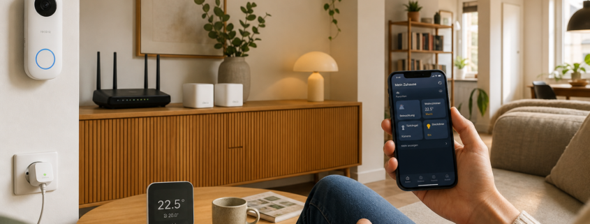 Schwaches WLAN im Smart Home verstärken: Mesh vs. Repeater Entscheidungshilfe – Wohnzimmer mit TP-Link Deco Mesh-WLAN-System und Smart-Home-Geräten wie Türklingel, Thermostat und Steckdose, Person steuert alles per Smartphone-App