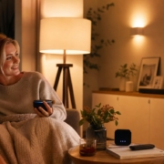 Alexa mit Philips Hue verbinden: Licht per Sprache – Wohnzimmer mit Amazon Echo Dot und Philips Hue Bridge auf dem Beistelltisch, dimmbare Hue-Lampen leuchten warm