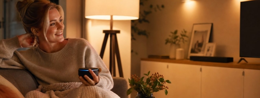 Alexa mit Philips Hue verbinden: Licht per Sprache – Wohnzimmer mit Amazon Echo Dot und Philips Hue Bridge auf dem Beistelltisch, dimmbare Hue-Lampen leuchten warm