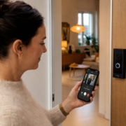 Ring Doorbell in der Mietwohnung montieren – Ring Doorbell an der Wohnungstür montiert, Mieter schaut auf Smartphone mit Ring App und sieht Live-Bild der Klingel