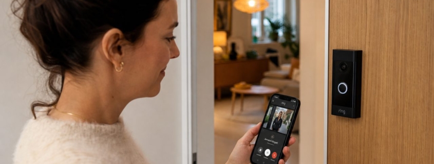 Ring Doorbell in der Mietwohnung montieren – Ring Doorbell an der Wohnungstür montiert, Mieter schaut auf Smartphone mit Ring App und sieht Live-Bild der Klingel