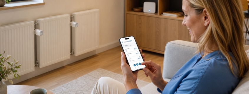 Heizung per App steuern: Homematic IP Einrichtung – Frau steuert Homematic IP Heizung per Smartphone-App im Wohnzimmer mit drei Heizkörperthermostaten