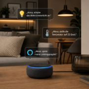 Alexa einrichten: Sprachsteuerung für Smart Home Anfänger – Moderner Wohnraum mit Echo Dot zur Steuerung von Smart Home Geräten wie Licht und Thermostat.