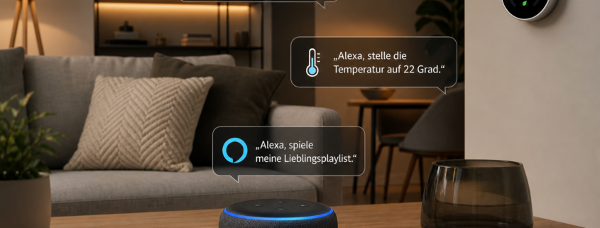 Alexa einrichten: Sprachsteuerung für Smart Home Anfänger – Moderner Wohnraum mit Echo Dot zur Steuerung von Smart Home Geräten wie Licht und Thermostat.