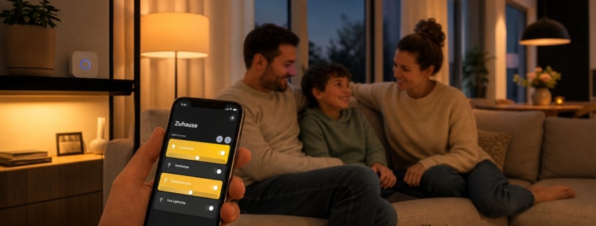 Smart Home Kosten: Einmal zahlen oder immer mehr? – Familie im Wohnzimmer mit gedimmtem Licht, eine Person hält das Smartphone mit Philips Hue App in der Hand — Smart Home ohne Abo-Kosten