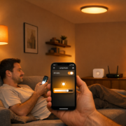 Licht per App steuern: Erste Schritte mit smarten Lampen – Person steuert smarte Philips Hue Lampen per Smartphone App vom Sofa aus