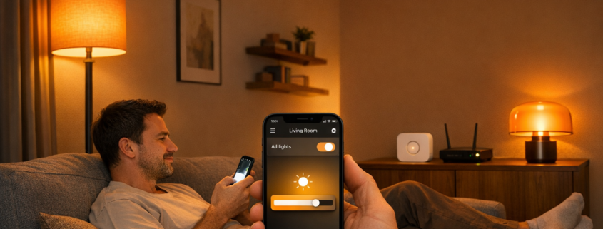 Licht per App steuern: Erste Schritte mit smarten Lampen – Person steuert smarte Philips Hue Lampen per Smartphone App vom Sofa aus
