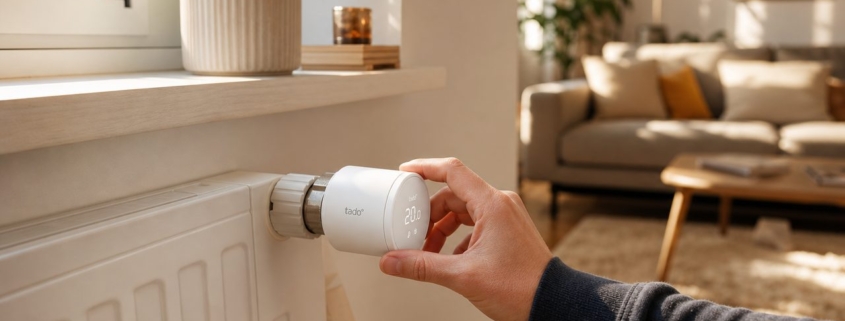 Tado Thermostat einrichten: Schritt für Schritt – tado° X Smartes Heizkörper-Thermostat montiert auf einem Heizkörper im Wohnzimmer mit Sonnenlicht