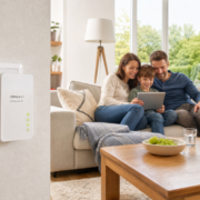 WLAN Repeater einrichten: Schritt für Schritt – Funkloch weg in 10 Minuten WLAN Repeater einrichten: Schritt für Schritt – devolo WiFi Repeater AC in einer Wandsteckdose im Wohnzimmer, Familie nutzt WLAN auf dem Tablet